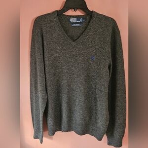 Polo Ralph Lauren Men's 100% Lambs Wool Gray Pullover V-Neck Sweater Size Large